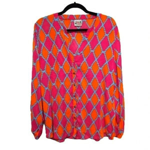 Haley & the Hound long sleeve pink and orange diamond print blouse Size Small